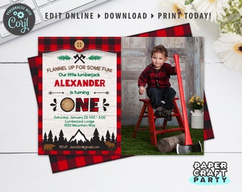 Lumberjack Party PHOTO Invitation & Thank You Note, Includes Backside, Buffalo Plaid, Edit Online+Download Today With Free Corjl.com 0030