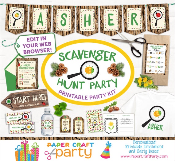 Scavenger Hunt Printable Party with Invite, Editable Scavenger Hunt Lists &amp; Nature Notebook ...