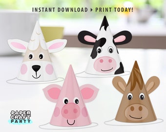 Farm Animal Party Hats, Printable Party Hats, Cow, Horse, Pig, Sheep, Set of 4,  Instant Download PDF, Barnyard Farmer Party 0047