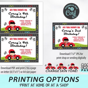 May include: Printable birthday party invitation featuring a cartoon race car driver in a red race car. The invitation is for a boy's birthday party and includes the text "Rev Your Engines for Corcy's 4th Birthday!" and party details. The invitation is available in PDF and JPG formats.