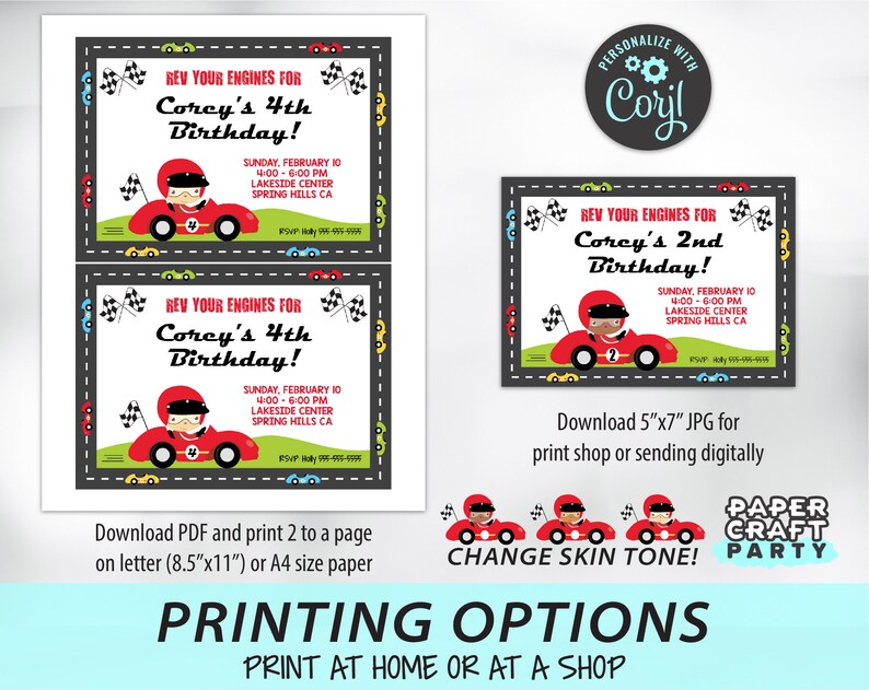 May include: Printable birthday party invitation featuring a cartoon race car driver in a red race car. The invitation is for a boy's birthday party and includes the text "Rev Your Engines for Corcy's 4th Birthday!" and party details. The invitation is available in PDF and JPG formats.