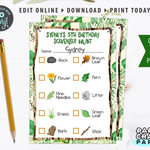 May include: A printable scavenger hunt checklist for a 5th birthday party. The checklist has a green and brown woodland theme with images of a rock, leaf, flower, fern, pine needles, litter, grass, green leaf, bark, and stick. The checklist is titled "Sydney's 5th Birthday Scavenger Hunt" and has a space for the child's name.