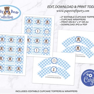 May include: Printable cupcake toppers and wrappers featuring a teddy bear design. The toppers are 2 inches in diameter and the wrappers are designed to fit standard size cupcakes. The design features a blue and white checkered pattern with a brown teddy bear wearing a blue bow tie. The text "Happy Birthday" and the number "1" are included on the toppers. The text "Happy Birthday" and the number "2" are included on the wrappers. The text "Personalize with Corjl" is included on the bottom right corner of the image.