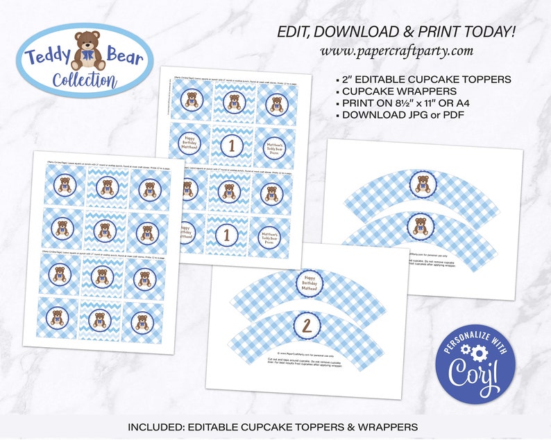 May include: Printable cupcake toppers and wrappers featuring a teddy bear design. The toppers are 2 inches in diameter and the wrappers are designed to fit standard size cupcakes. The design features a blue and white checkered pattern with a brown teddy bear wearing a blue bow tie. The text "Happy Birthday" and the number "1" are included on the toppers. The text "Happy Birthday" and the number "2" are included on the wrappers. The text "Personalize with Corjl" is included on the bottom right corner of the image.