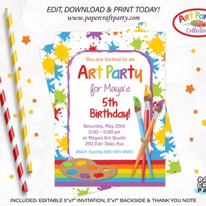 May include: Editable 5x7 inch invitation for an art party with paint splatters, paintbrushes, and a rainbow palette. The invitation says "You are invited to an Art Party for Maya's 5th Birthday!" and includes the date, time, location, and RSVP information.
