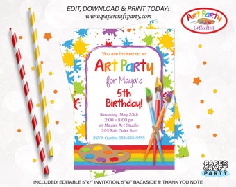 Art Paint Party Printable Invitation and Thank You Note, Includes Backside, Edit Online + Download Today With Free Corjl.com 0031
