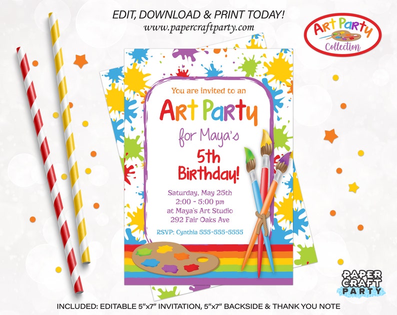 Art Paint Party Printable Invitation and Thank You Note, Includes Backside, Edit Online Download Today With Free Corjl.com 0031 image 1