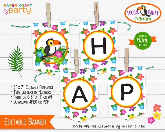 Toucan Printable Birthday Banner Edit Online Download Today Etsy