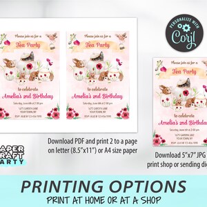 May include: Printable invitation for a tea party to celebrate a child's 2nd birthday. The invitation features a pink background with watercolor illustrations of teacups, rabbits, and other woodland creatures. The text reads "Please join us for a Tea Party to celebrate Amelia's 2nd Birthday".
