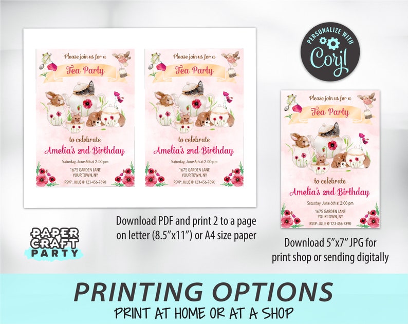 May include: Printable invitation for a tea party to celebrate a child's 2nd birthday. The invitation features a pink background with watercolor illustrations of teacups, rabbits, and other woodland creatures. The text reads "Please join us for a Tea Party to celebrate Amelia's 2nd Birthday".