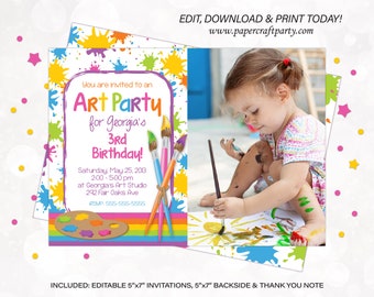 Art Paint Party Printable PHOTO Invite, Backside & Thank you Note included, PINK, Edit Online + Download Today With Free Corjl.com 0032