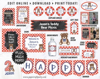 Teddy Bear Picnic Printable Party Kit Includes Invites & Decorations in Red + Blue, Edit Online + Download Today With Free Corjl.com 0082