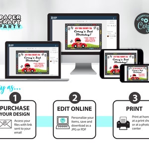 May include: A digital illustration of a birthday invitation for a child's second birthday party. The invitation features a cartoon race car driver and the text "New Your Engines For Corey's 2nd Birthday!" The invitation is available for purchase and can be personalized online.