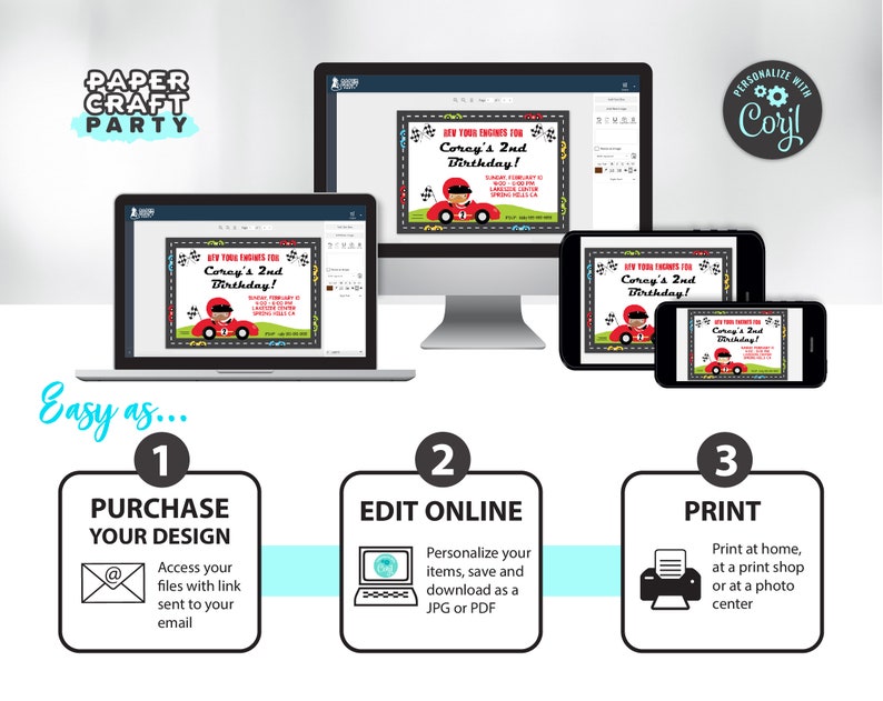 May include: A digital illustration of a birthday invitation for a child's second birthday party. The invitation features a cartoon race car driver and the text "New Your Engines For Corey's 2nd Birthday!" The invitation is available for purchase and can be personalized online.