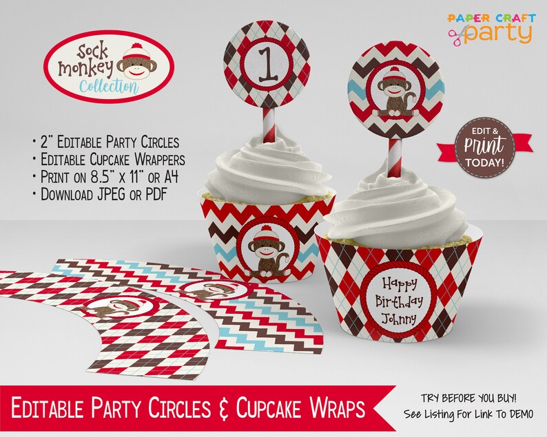 Puede incluir: Envoltorios de magdalenas y c&iacute;rculos de fiesta imprimibles con un dise&ntilde;o de mono de calcet&iacute;n. Los envoltorios son rojos, blancos y azules con un patr&oacute;n de chevron. Los c&iacute;rculos son rojos, blancos y azules con un patr&oacute;n de rombos. El texto "Sock monkey Collection" est&aacute; en la parte superior de la imagen. El texto "Happy Birthday Johnny" est&aacute; en uno de los envoltorios de magdalenas. El texto "EDIT & Print TODAY!" est&aacute; en la parte superior derecha de la imagen.