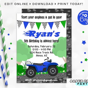 May include: A birthday invitation for a 5th birthday party with a blue and green ATV on a dirt road. The invitation says "Start your engines & get in gear Ryan's 5th Birthday is almost here!" with the date, time, and location of the party. The invitation is personalized with the name "Ryan".