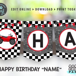 May include: Printable birthday banner with a checkered background and red, black, and white accents. The banner features the letters "HA" in large black letters on a white circle with a red outline. The banner also includes a red ATV on a checkered background.