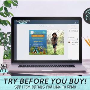 May include: A laptop computer screen displaying a digital invitation for a camping themed birthday party. The invitation features a cartoon illustration of a campsite with a tent, trees, and animals. The text on the invitation reads "Hike on over to Camp Corey for his 5th birthday!" The invitation is being customized with a photo of a young boy in a blue shirt and khaki shorts.