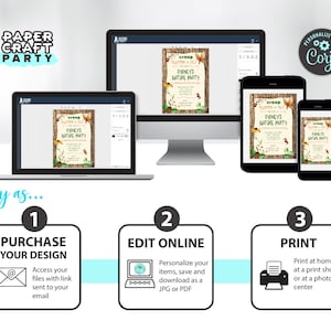 May include: A digital illustration of a nature-themed party invitation with a butterfly, leaves, and the text "Sydney's Nature Party". The invitation is displayed on a computer screen, a tablet, and a smartphone. The text "Easy as..." is displayed below the images, along with three numbered steps: "Purchase Your Design", "Edit Online", and "Print".