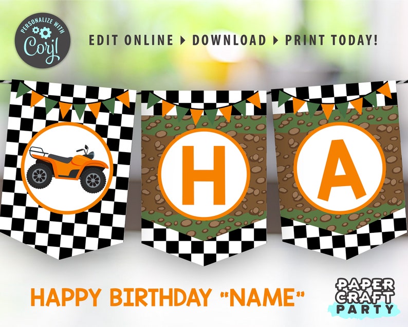 May include: A printable banner for a birthday party with a chequered background, orange and green flags, and the letters "HA" in orange circles on a brown and green background. The text "HAPPY BIRTHDAY "NAME" PAPER CRAFT PARTY" is at the bottom of the banner.