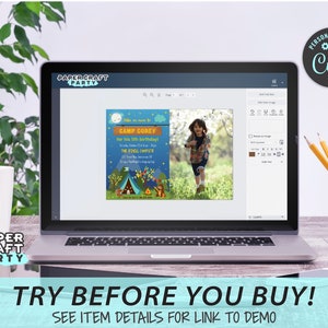 May include: A laptop computer screen displaying a camping-themed birthday invitation with the text "Camp Corey" and a photo of a young boy. The invitation is for a 5th birthday party. The text "Try Before You Buy! See Item Details for Link to Demo" is displayed below the laptop.