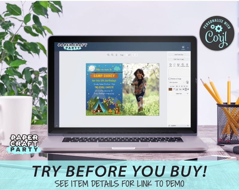 May include: A laptop computer screen displaying a camping-themed birthday invitation with the text "Camp Corey" and a photo of a young boy. The invitation is for a 5th birthday party. The text "Try Before You Buy! See Item Details for Link to Demo" is displayed below the laptop.