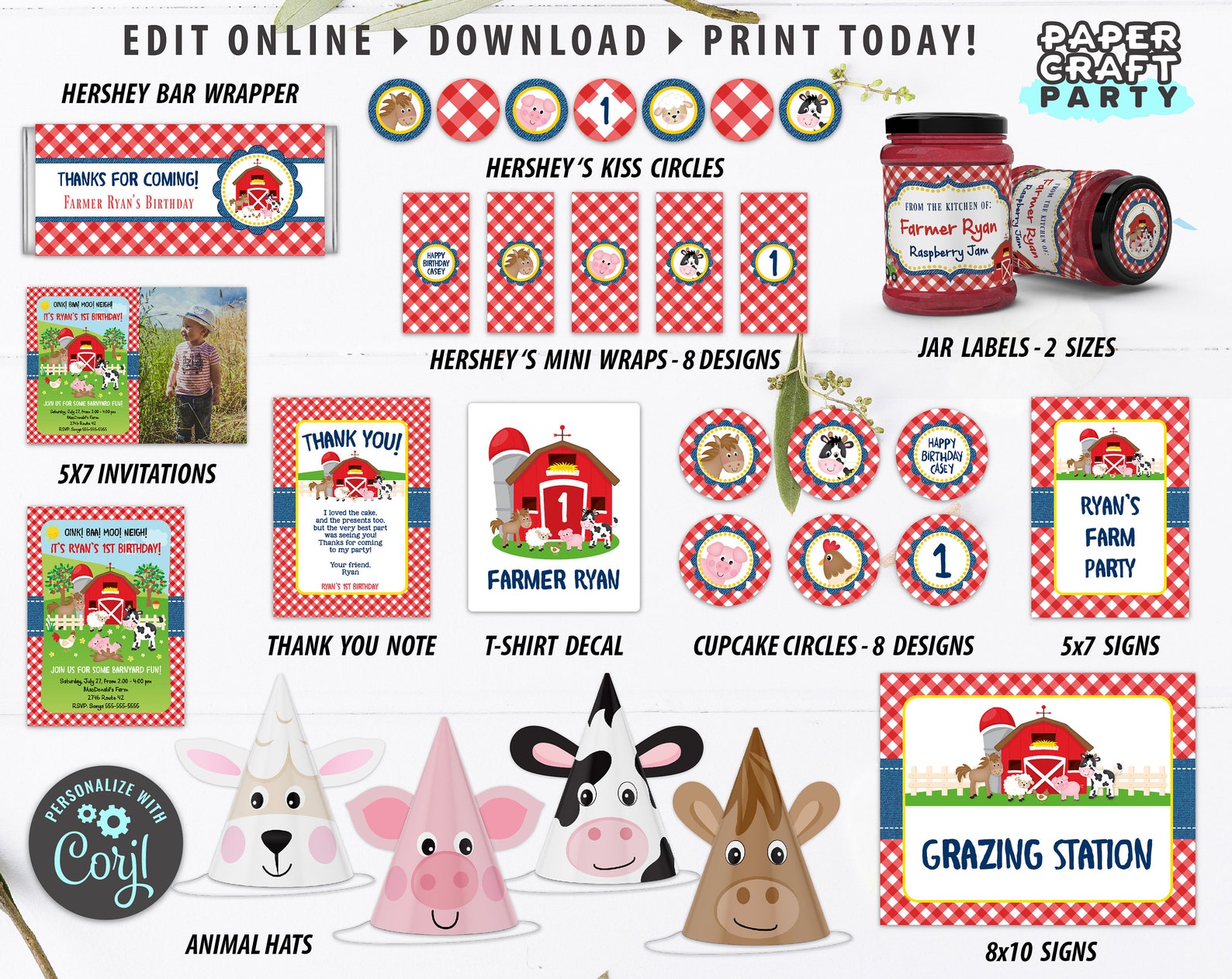 Farm Printable Party Kit Includes Invites and Decorations in RED, Edit ...