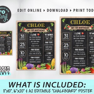 May include: A printable chalkboard style poster for a first birthday party. The poster is decorated with a burlap background and features a chalkboard with the name Chloe and details about her first year, including her weight, height, number of teeth, favorite foods, books, and toys. The poster is decorated with colorful illustrations of vegetables and fruits.