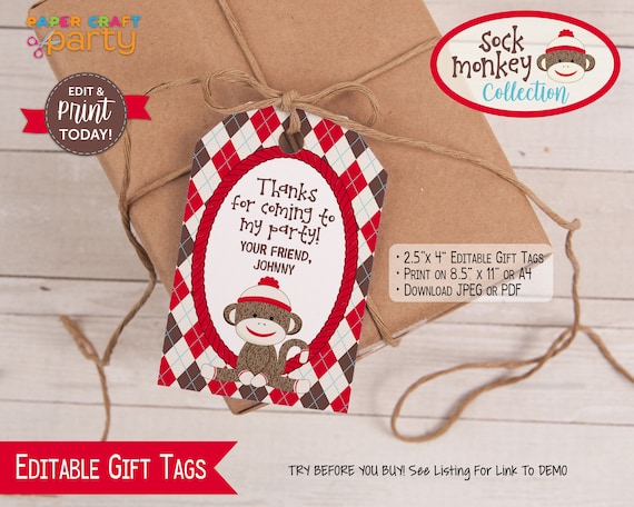 Sock Monkey Printable Gift Tags, Edit Online + Download Today With Free Corjl.com SMR Il_570xn