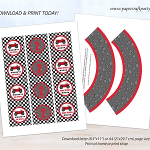 May include: Printable party favour tags featuring a red ATV with black and white chequered background. The tags say "Kevin's 2nd Birthday". There are also cupcake wrappers with a grey and red tyre tread pattern.