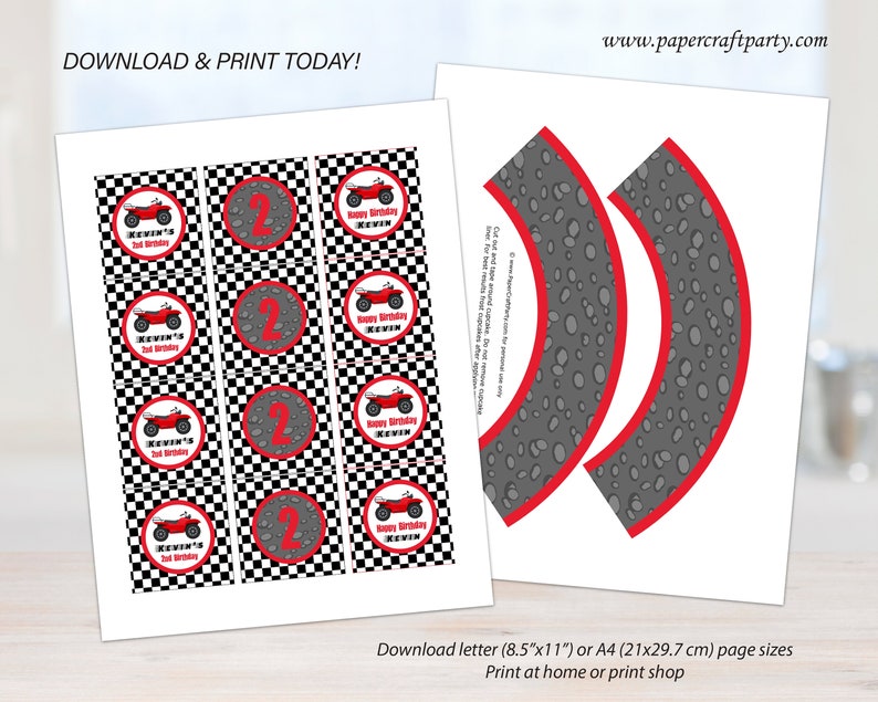 May include: Printable party favour tags featuring a red ATV with black and white chequered background. The tags say "Kevin's 2nd Birthday". There are also cupcake wrappers with a grey and red tyre tread pattern.