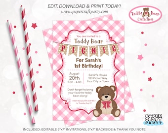 Teddy Bear Picnic Printable Invitation and Thank You Note, Includes Backside, Edit Online + Download Today With Free Corjl.com 0084