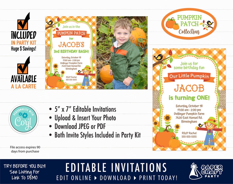 Op de afbeelding: Bewerkbare uitnodigingstemplate voor een verjaardagsfeest met een pompoen-thema. De uitnodiging bevat een fotolijst, een vogelverschrikker, pompoenen, zonnebloemen en de tekst "Join us in the Pumpkin Patch for Jacob's 3rd Birthday Bash!" en "Our Little Pumpkin Jacob is turning One!"