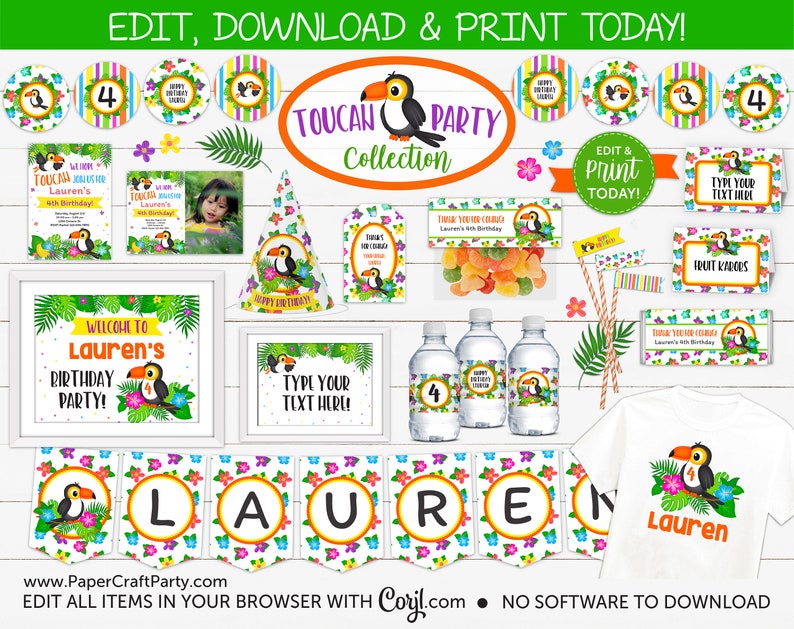 Toucan Party Printable Party Kit Includes Invites and Decorations, Edit Online Download Today With Free Corjl.com image 1