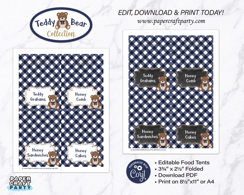 May include: Editable food tent templates featuring a teddy bear design. The tents are blue and white gingham with gold accents. The text on the tents reads "Teddy Grahams", "Honey Comb", "Honey Sandwiches", and "Honey Cakes".