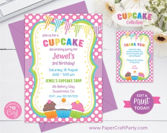 Cupcake Invitation, Printable Cupcake Invite, Baking Party, Sweet Shop Party, Rainbow, Edit Online + Download Today With Free Corjl.com CCP