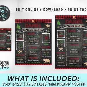 Puede incluir: Un p&oacute;ster de primer cumplea&ntilde;os editable en estilo pizarra con un fondo de cuadros rojos y negros. El p&oacute;ster presenta un tema de bosque con un oso, &aacute;rboles y un hacha. El p&oacute;ster incluye el nombre del ni&ntilde;o, la edad, el peso, la altura, los alimentos favoritos, los juguetes y los libros. El texto "Daniel, mi primer cumplea&ntilde;os" est&aacute; en la parte superior del p&oacute;ster.