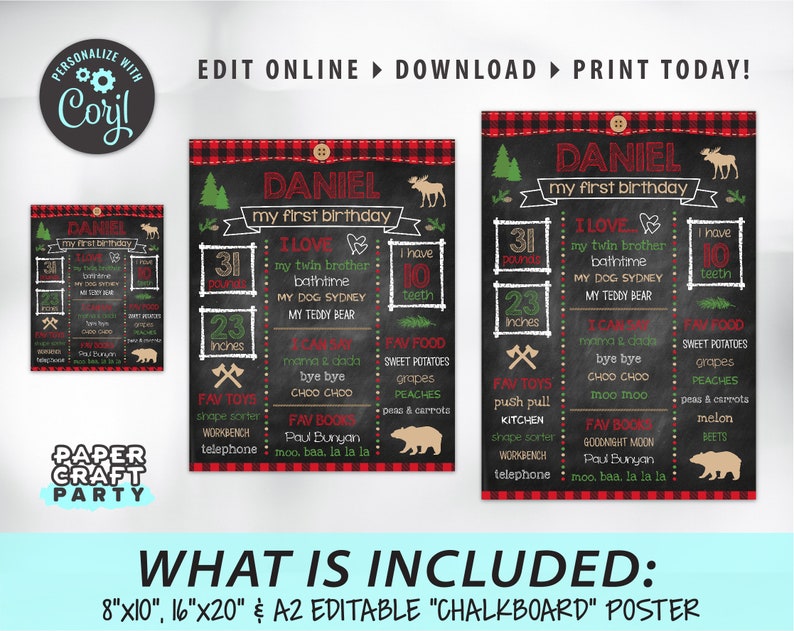 Puede incluir: Un p&oacute;ster de primer cumplea&ntilde;os editable en estilo pizarra con un fondo de cuadros rojos y negros. El p&oacute;ster presenta un tema de bosque con un oso, &aacute;rboles y un hacha. El p&oacute;ster incluye el nombre del ni&ntilde;o, la edad, el peso, la altura, los alimentos favoritos, los juguetes y los libros. El texto "Daniel, mi primer cumplea&ntilde;os" est&aacute; en la parte superior del p&oacute;ster.