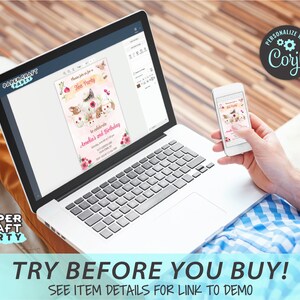 May include: A laptop computer displaying a digital invitation for a tea party with a pink background and illustrations of animals. The invitation text reads "Tea Party" and "to celebrate Amelia's 2nd Birthday". A smartphone is also shown displaying the same invitation. The text "PERSONALIZE WITH Corjl" is visible in the upper right corner of the image.