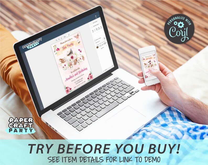 May include: A laptop computer displaying a digital invitation for a tea party with a pink background and illustrations of animals. The invitation text reads "Tea Party" and "to celebrate Amelia's 2nd Birthday". A smartphone is also shown displaying the same invitation. The text "PERSONALIZE WITH Corjl" is visible in the upper right corner of the image.