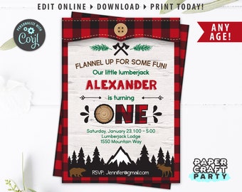 Lumberjack Printable Invite, Backside & Thank you Note, Nature Woodland, Buffalo Plaid, Edit Online+Download Today With Free Corjl.com 0030