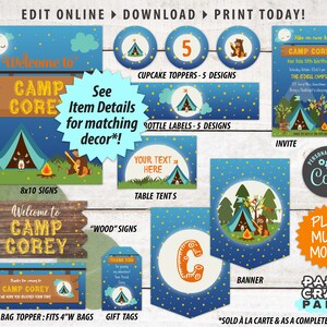 May include: A printable camping party kit with a blue and orange color scheme. The kit includes a banner, cupcake toppers, bottle labels, table tents, signs, treat bag toppers, and gift tags. The kit is personalized with the name "Camp Corey" and features a campfire, tent, and bear illustrations.