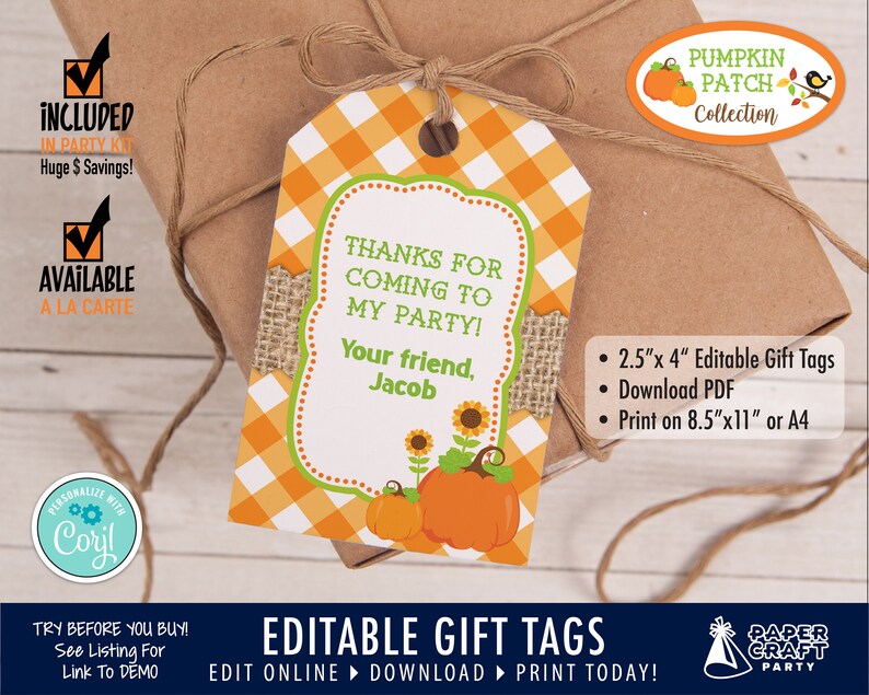 Op de afbeelding: Bewerkbare cadeaulabels met een pompoen-patch thema. De labels zijn oranje en wit geruit met een groene en witte rand. De tekst op de labels luidt "Bedankt voor het komen naar mijn feestje! Je vriend, Jacob". De labels zijn 2,5 inch bij 4 inch en kunnen worden afgedrukt op papier van 8,5 inch bij 11 inch.