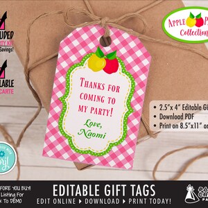 Apple Party Printable Birthday Gift Tags, Hanging Tags, Edit Online ...