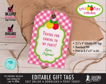 Apple Party Printable Birthday Gift Tags, Hanging Tags, Edit Online + Download Today With Free Corjl.com AOP
