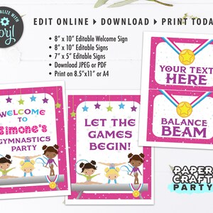 May include: Printable party signs for a gymnastics themed party. The signs feature a pink background with white stars and a gymnast on a balance beam. The text on the signs reads "Welcome to Simone's Gymnastics Party", "Let the Games Begin!" and "Balance Beam".