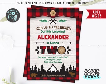 Lumberjack Printable Invite, Backside & Thank you Note, Nature Woodland, Buffalo Plaid, Edit Online+Download Today With Free Corjl.com 0030