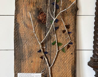 tree art / recycled glass / pallet wood wall hanging / wood engraved