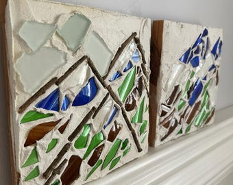Art de montagne en verre recyclé / un bois / suspendu au mur
