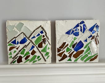 recycled glass Mountain art / two / wood /wall hanging